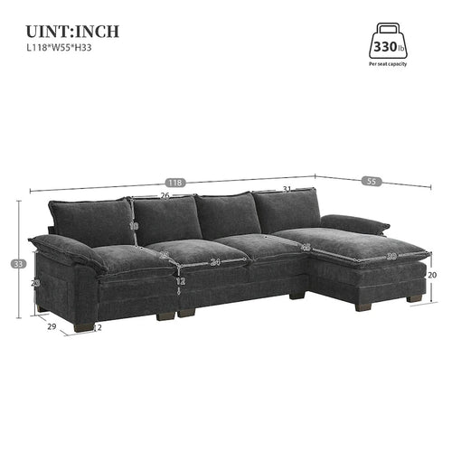 Canapé d'angle en chenille en forme de L de 118 x 55 po avec coussins doubles, canapé-lit rembourré à 5 places avec méridienne