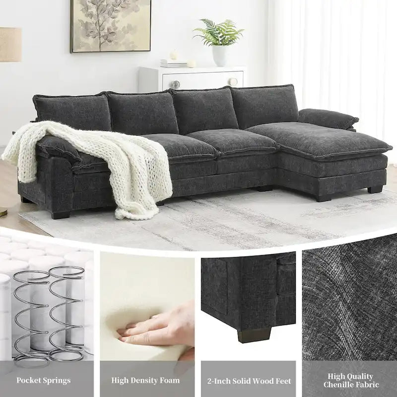 Canapé d'angle en chenille en forme de L de 118 x 55 po avec coussins doubles, canapé-lit rembourré à 5 places avec méridienne
