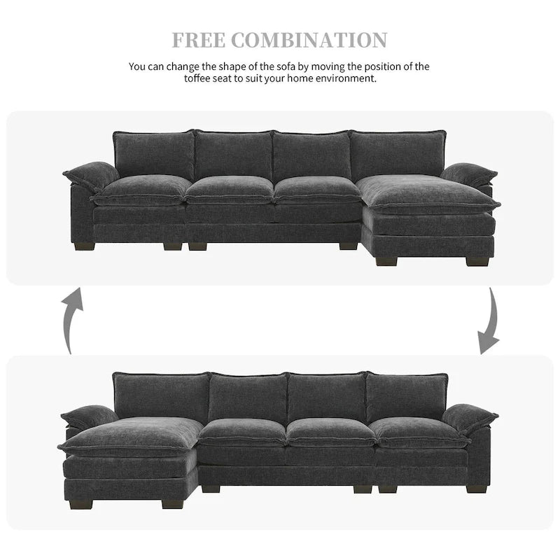 Canapé d'angle en chenille en forme de L de 118 x 55 po avec coussins doubles, canapé-lit rembourré à 5 places avec méridienne