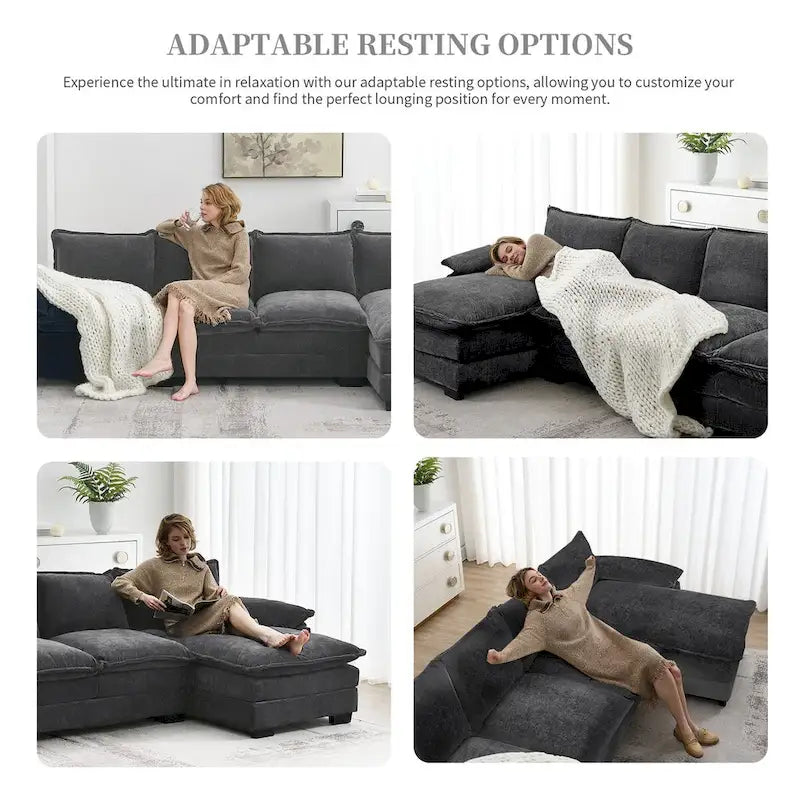 Canapé d'angle en chenille en forme de L de 118 x 55 po avec coussins doubles, canapé-lit rembourré à 5 places avec méridienne