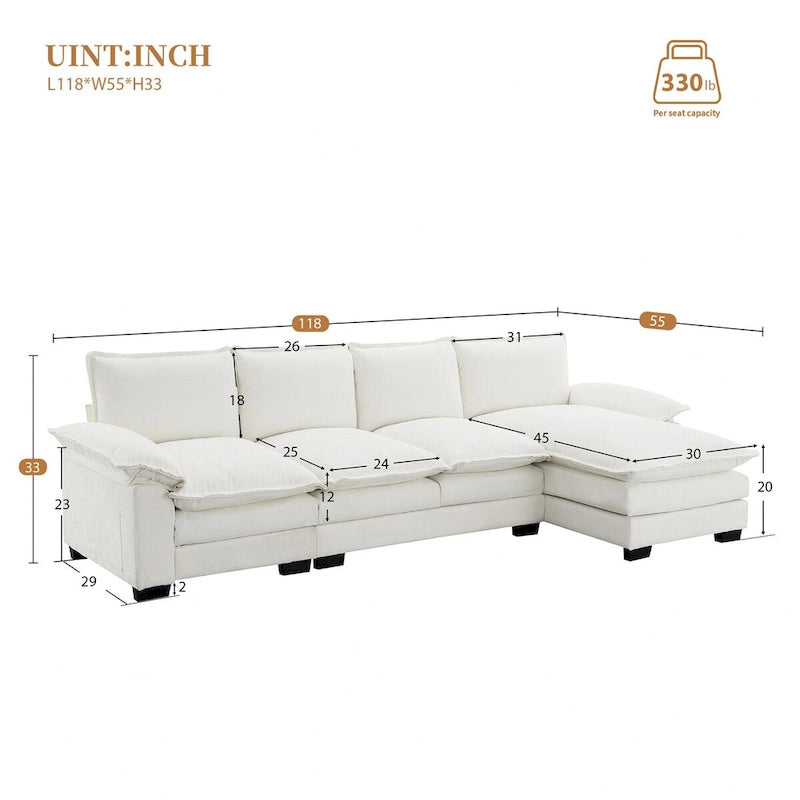 Canapé d'angle en chenille en forme de L de 118 x 55 po avec coussins doubles, canapé-lit rembourré à 5 places avec méridienne