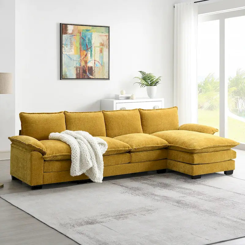 Canapé d'angle en chenille en forme de L de 118 x 55 po avec coussins doubles, canapé-lit rembourré à 5 places avec méridienne