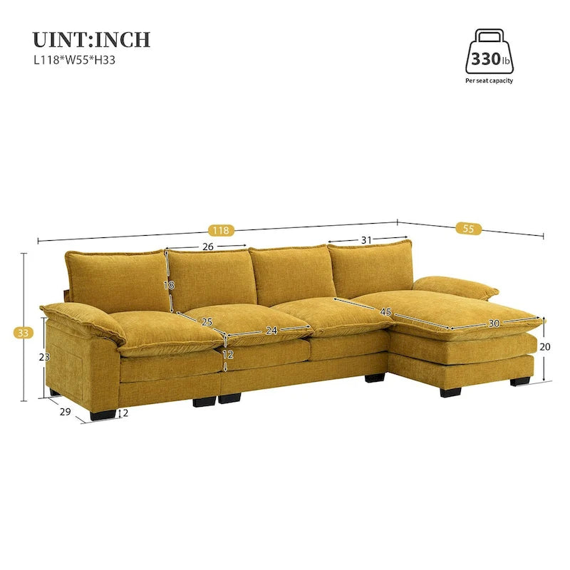 Canapé d'angle en chenille en forme de L de 118 x 55 po avec coussins doubles, canapé-lit rembourré à 5 places avec méridienne