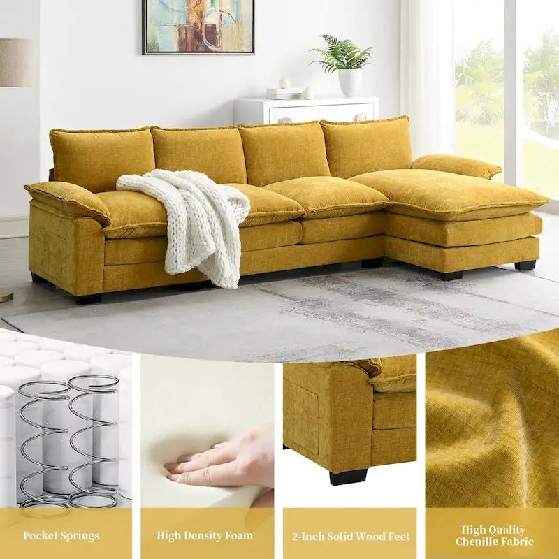 Canapé d'angle en chenille en forme de L de 118 x 55 po avec coussins doubles, canapé-lit rembourré à 5 places avec méridienne