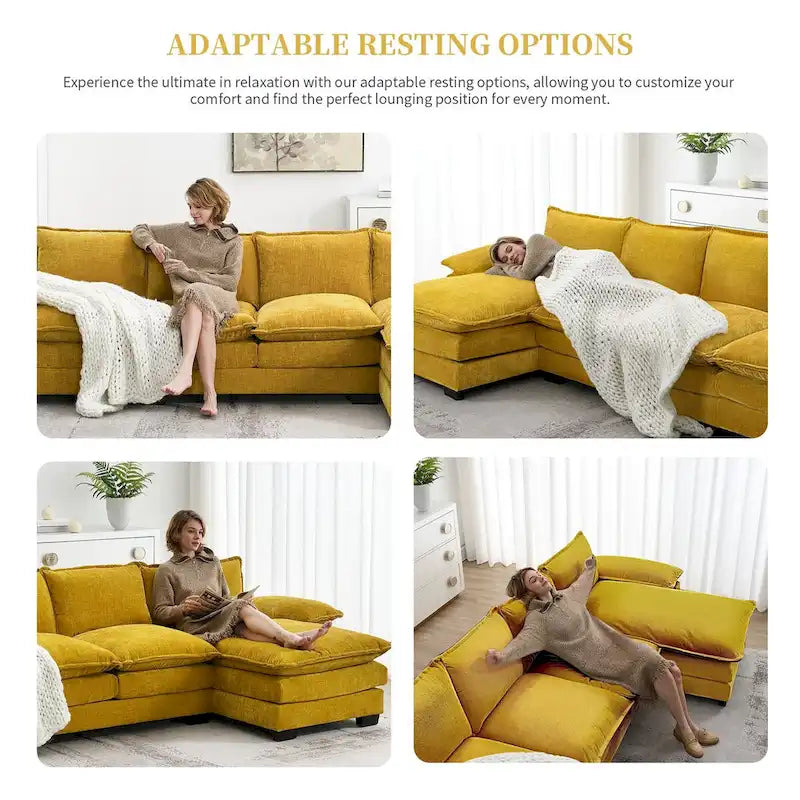 Canapé d'angle en chenille en forme de L de 118 x 55 po avec coussins doubles, canapé-lit rembourré à 5 places avec méridienne