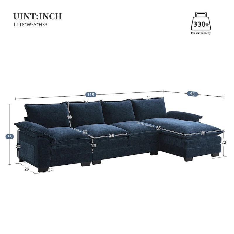 Canapé d'angle en chenille en forme de L de 118 x 55 po avec coussins doubles, canapé-lit rembourré à 5 places avec méridienne