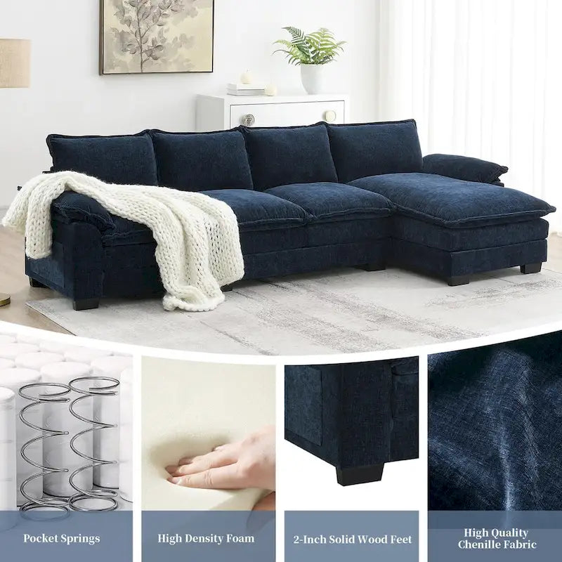Canapé d'angle en chenille en forme de L de 118 x 55 po avec coussins doubles, canapé-lit rembourré à 5 places avec méridienne
