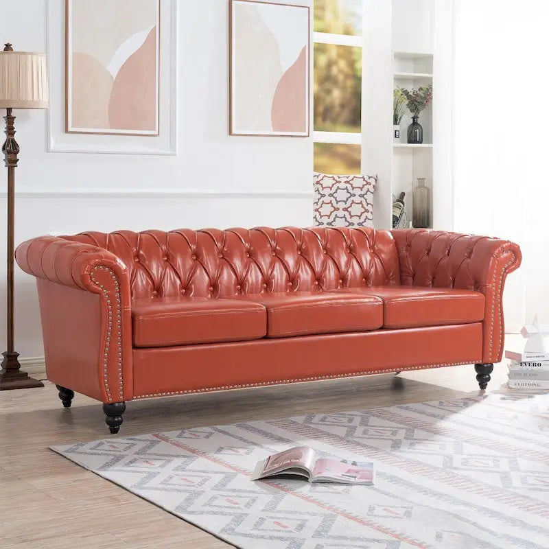 Canapé 3 places Chesterfield avec accoudoirs roulés en PU 84,65