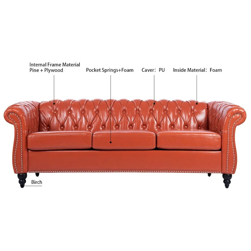 Canapé 3 places Chesterfield avec accoudoirs roulés en PU 84,65