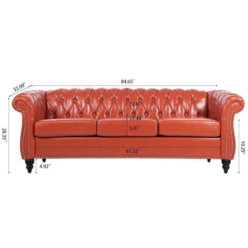 Canapé 3 places Chesterfield avec accoudoirs roulés en PU 84,65