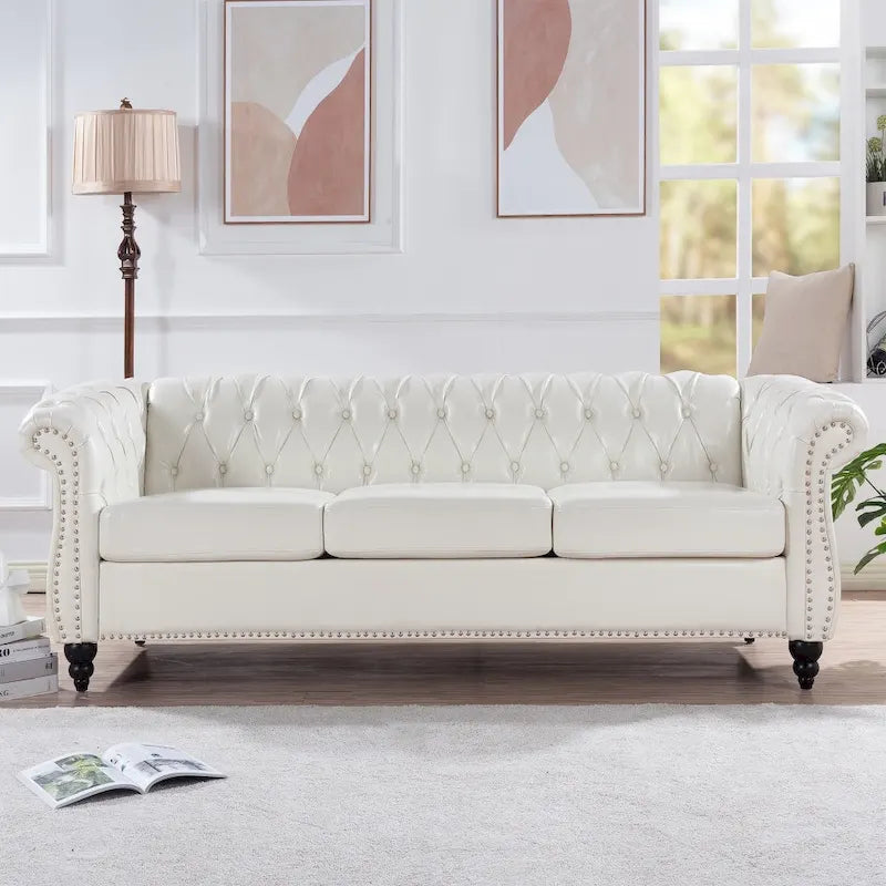 Canapé 3 places Chesterfield avec accoudoirs roulés en PU 84,65