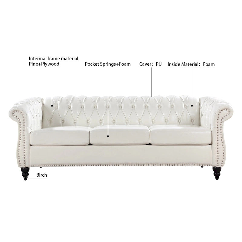 Canapé 3 places Chesterfield avec accoudoirs roulés en PU 84,65