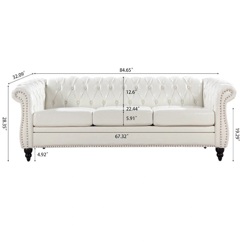 Canapé 3 places Chesterfield avec accoudoirs roulés en PU 84,65