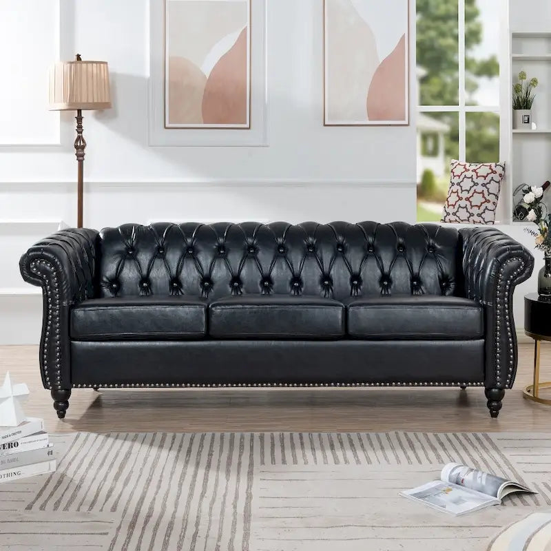 Canapé 3 places Chesterfield avec accoudoirs roulés en PU 84,65