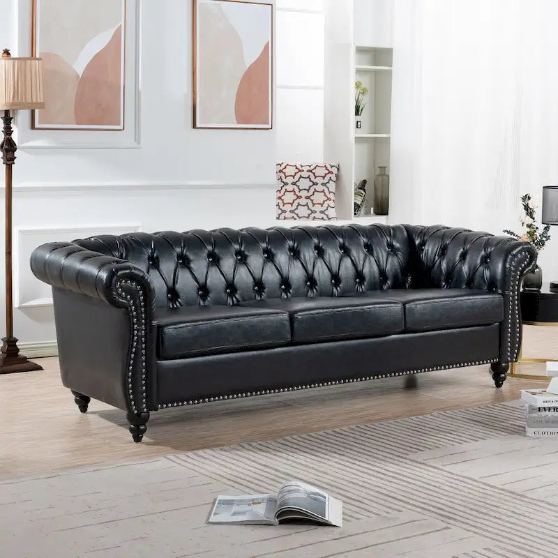 Canapé 3 places Chesterfield avec accoudoirs roulés en PU 84,65