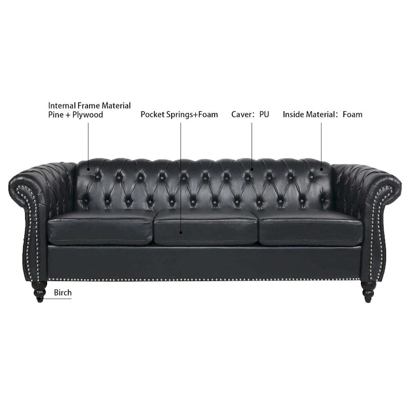 Canapé 3 places Chesterfield avec accoudoirs roulés en PU 84,65