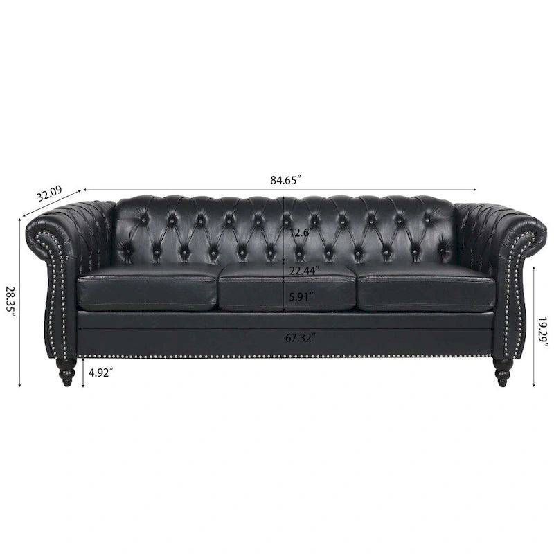 Canapé 3 places Chesterfield avec accoudoirs roulés en PU 84,65