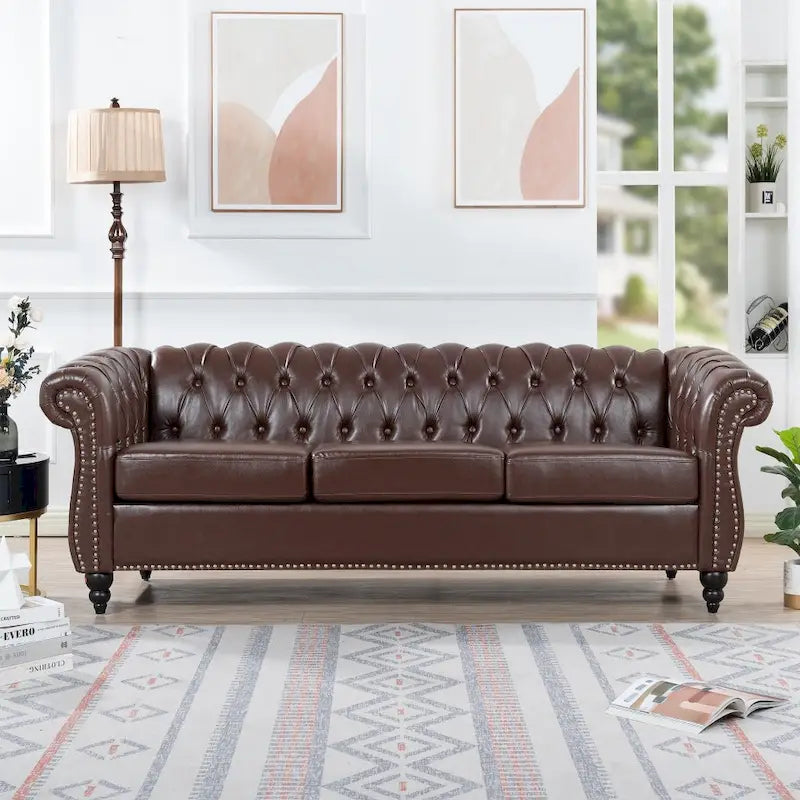 Canapé 3 places Chesterfield avec accoudoirs roulés en PU 84,65