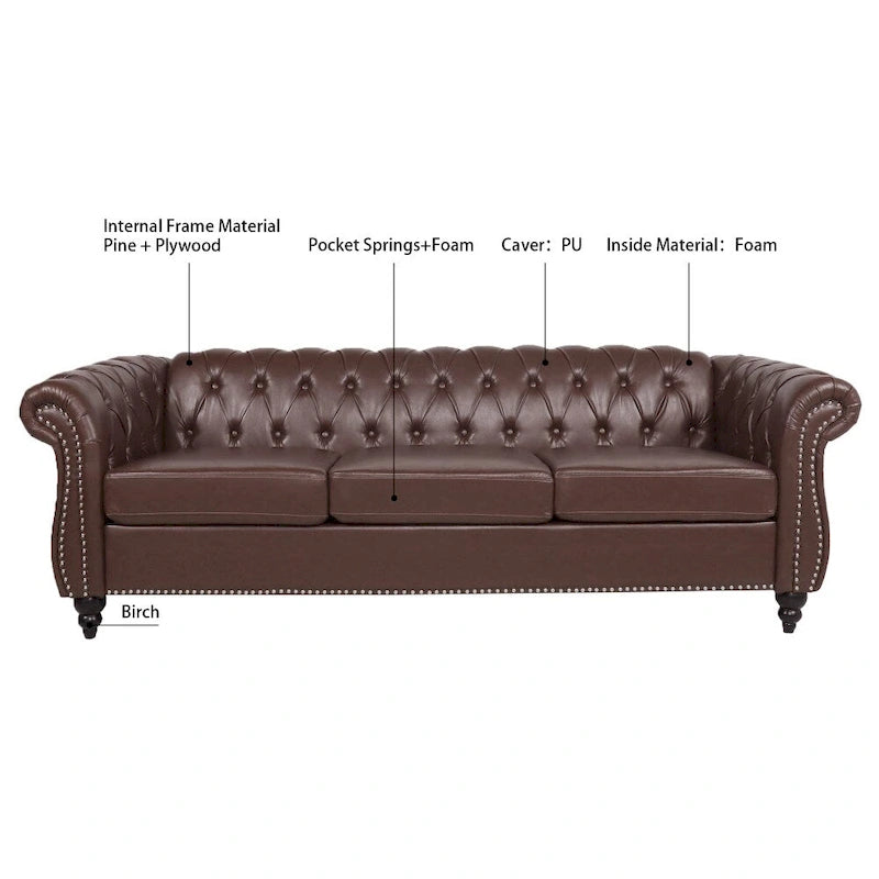 Canapé 3 places Chesterfield avec accoudoirs roulés en PU 84,65