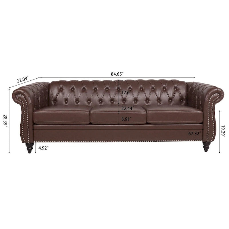 Canapé 3 places Chesterfield avec accoudoirs roulés en PU 84,65