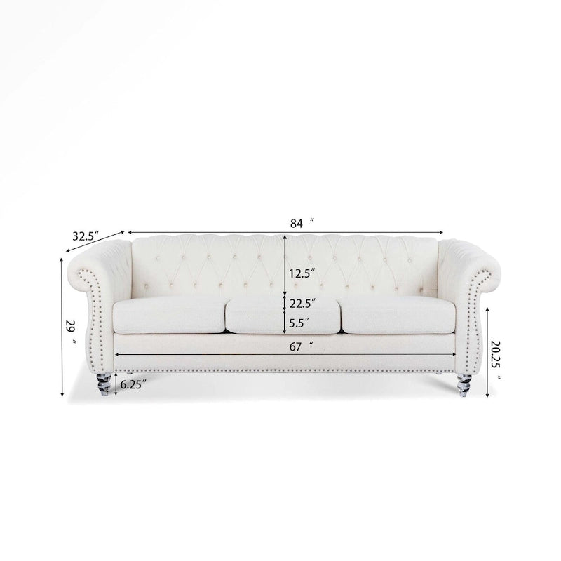 Canapé Chesterfield 3 places 84" blanc à accoudoirs roulés