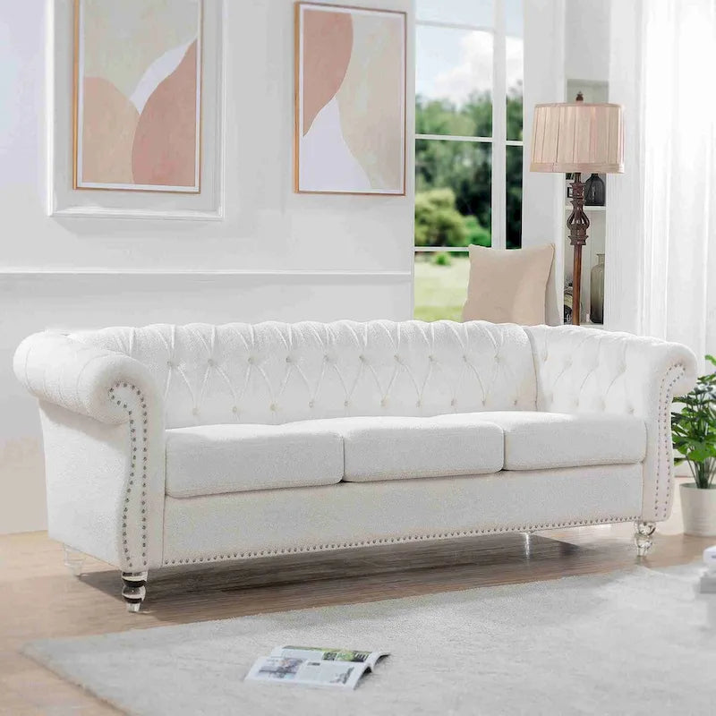 Canapé Chesterfield 3 places 84" blanc à accoudoirs roulés
