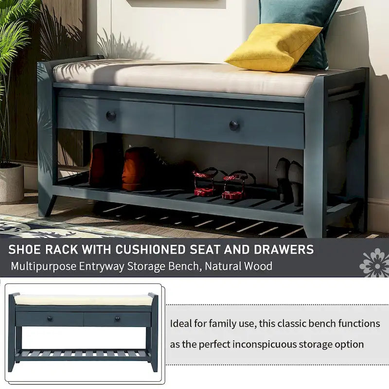 Range-chaussures avec siège coussiné et tiroirs, banc de rangement polyvalent, bleu marine antique - 39L x 14W x 19.8H