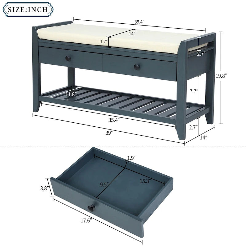 Range-chaussures avec siège coussiné et tiroirs, banc de rangement polyvalent, bleu marine antique - 39L x 14W x 19.8H