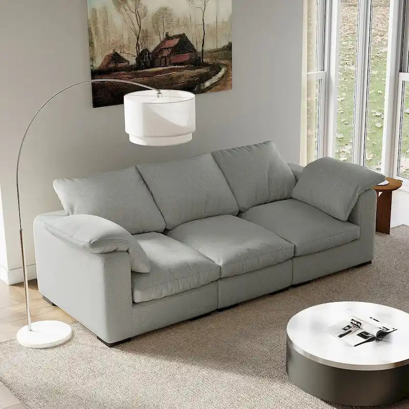 Canapé 3 places profond style ferme moderne 86,61, accoudoirs droits, en tissu lin