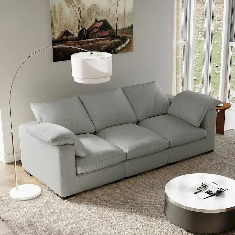 Canapé 3 places profond style ferme moderne 86,61, accoudoirs droits, en tissu lin