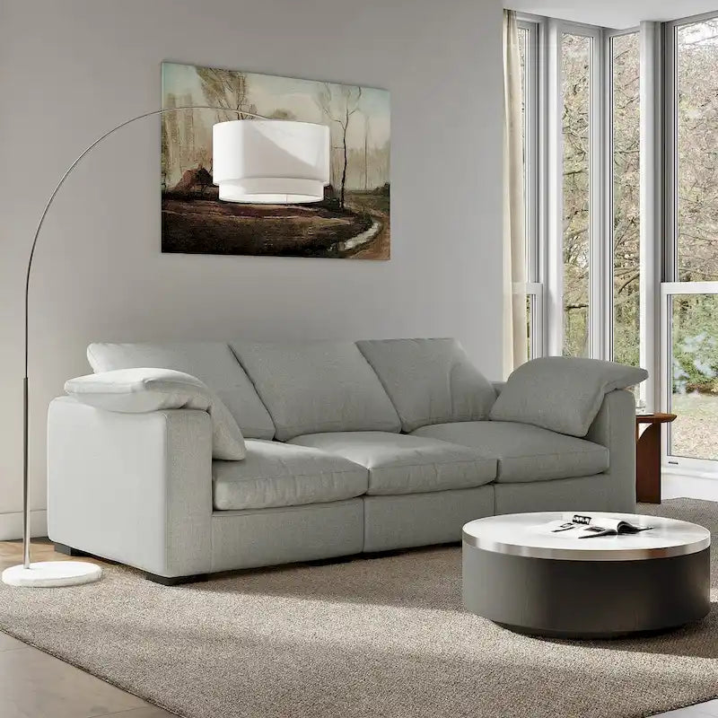 Canapé 3 places profond style ferme moderne 86,61, accoudoirs droits, en tissu lin