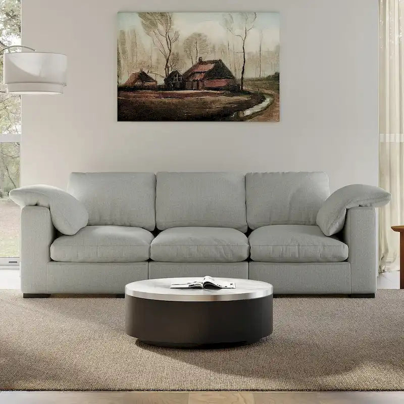 Canapé 3 places profond style ferme moderne 86,61, accoudoirs droits, en tissu lin