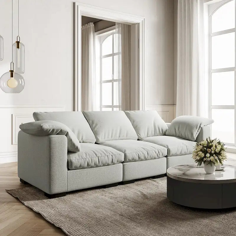Canapé 3 places profond style ferme moderne 86,61, accoudoirs droits, en tissu lin