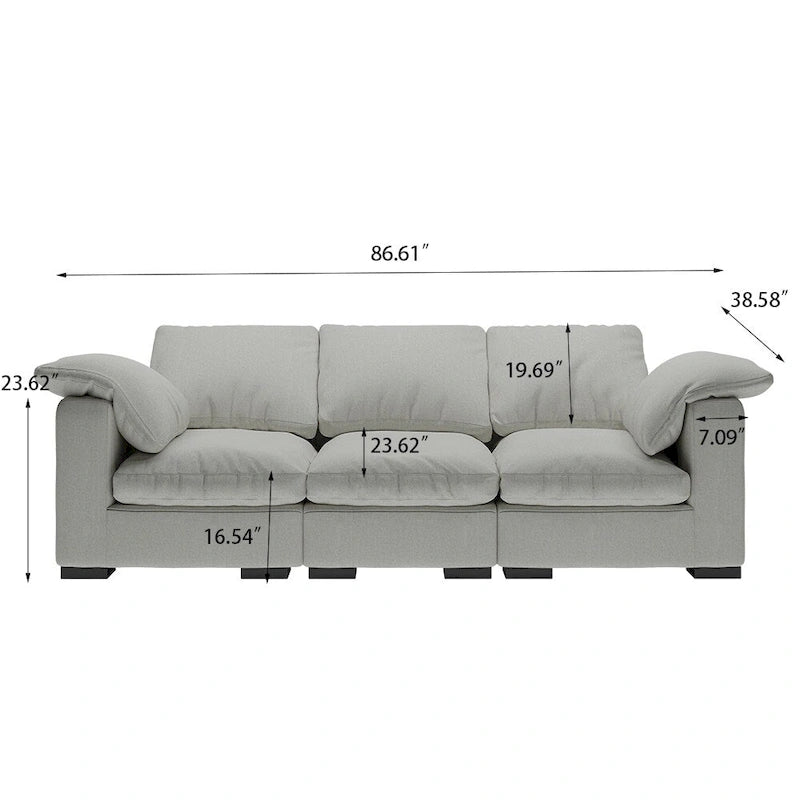 Canapé 3 places profond style ferme moderne 86,61, accoudoirs droits, en tissu lin