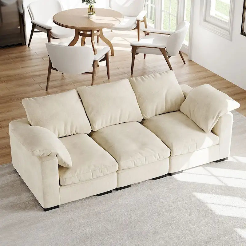 Canapé 3 places profond style ferme moderne 86,61, accoudoirs droits, en tissu lin