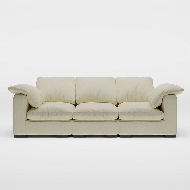 Canapé 3 places profond style ferme moderne 86,61, accoudoirs droits, en tissu lin