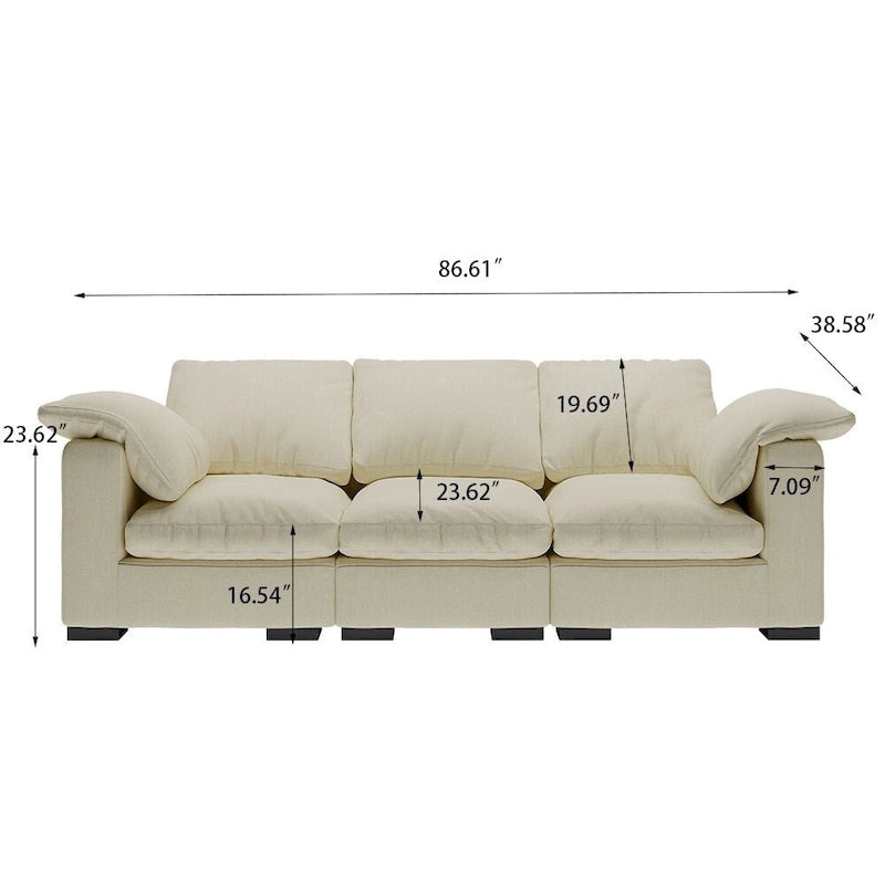 Canapé 3 places profond style ferme moderne 86,61, accoudoirs droits, en tissu lin