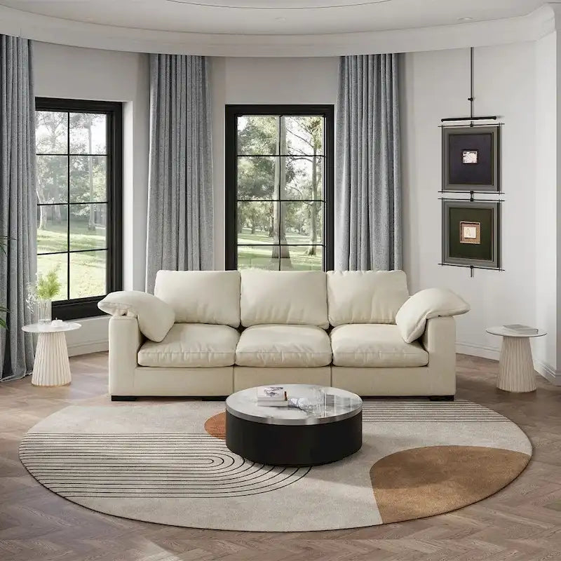 Canapé 3 places profond style ferme moderne 86,61, accoudoirs droits, en tissu lin