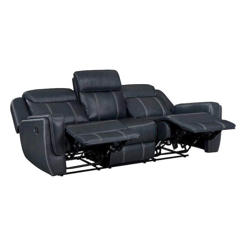 Canapé inclinable manuel double Louise 86 pouces en similicuir bleu avec table rabattable