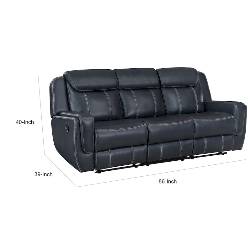 Canapé inclinable manuel double Louise 86 pouces en similicuir bleu avec table rabattable