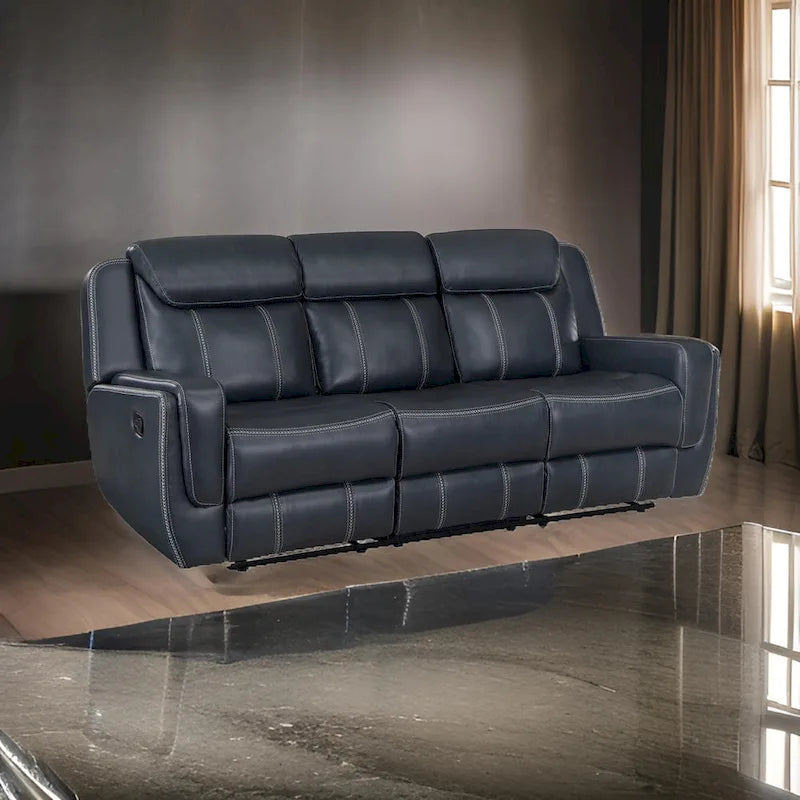 Canapé inclinable manuel double Louise 86 pouces en similicuir bleu avec table rabattable