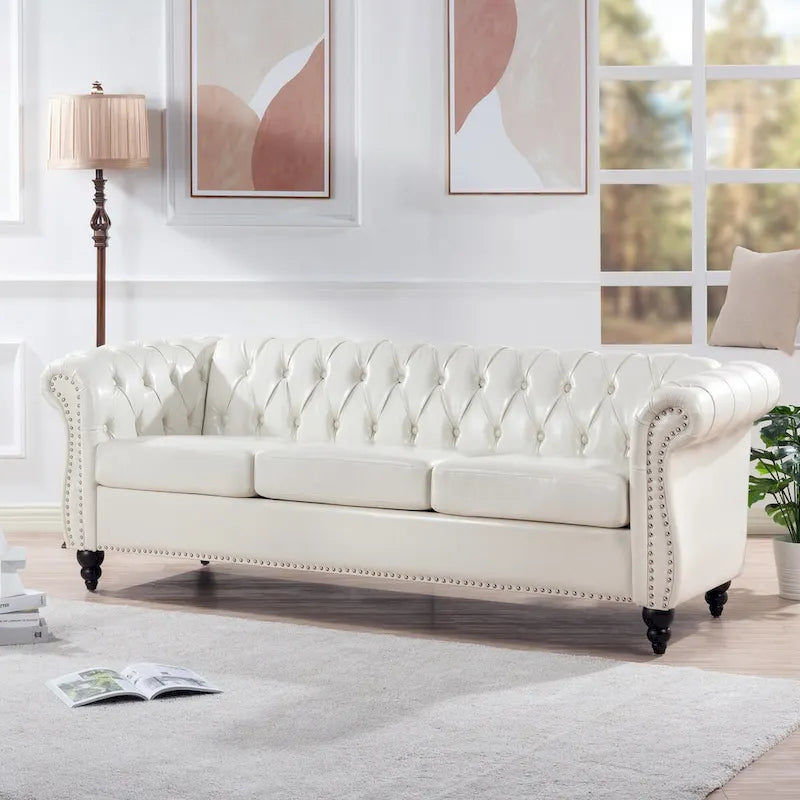 Canapé 3 places Chesterfield traditionnel, similicuir, crème 84,65