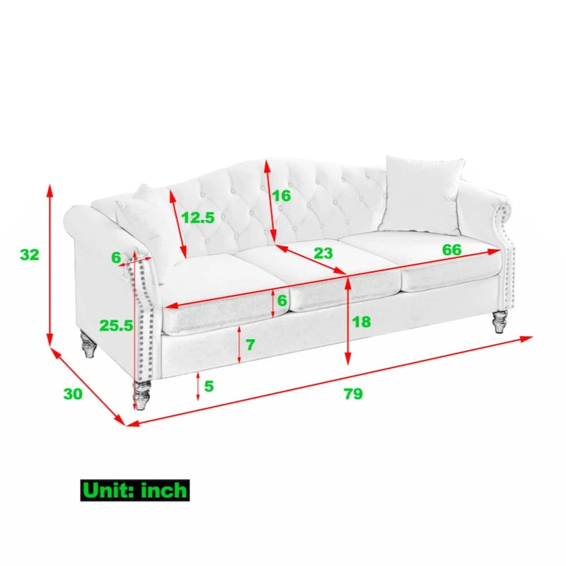 Canapé Chesterfield 79 velours gris pour salon, canapé 3 places touffeté avec accoudoirs roulés et clouté