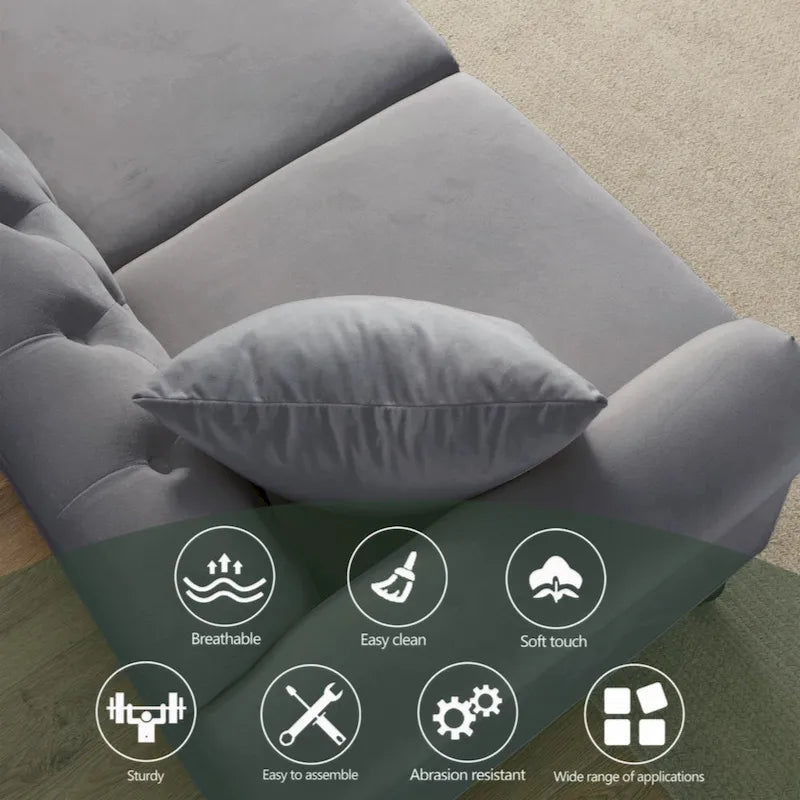 Canapé Chesterfield 79 velours gris pour salon, canapé 3 places touffeté avec accoudoirs roulés et clouté
