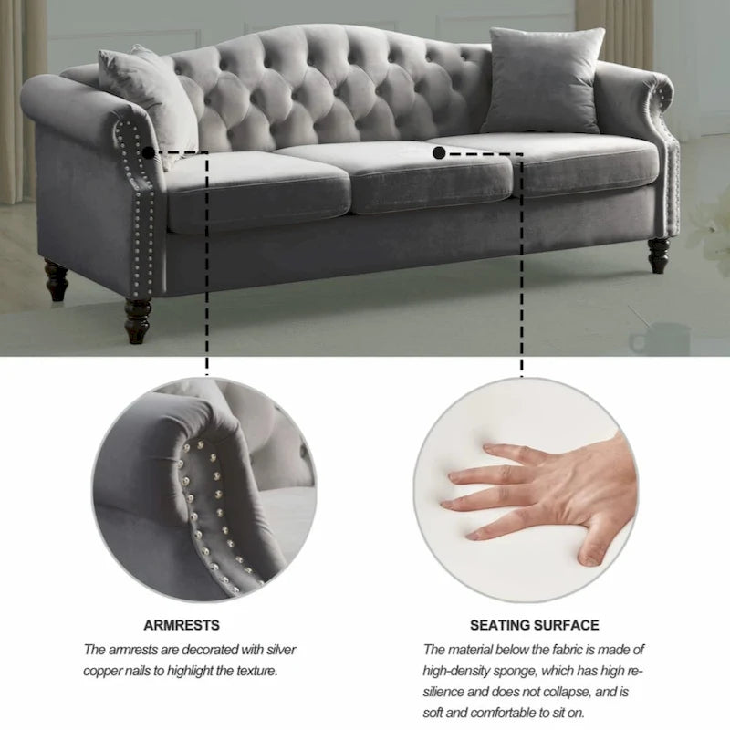 Canapé Chesterfield 79 velours gris pour salon, canapé 3 places touffeté avec accoudoirs roulés et clouté