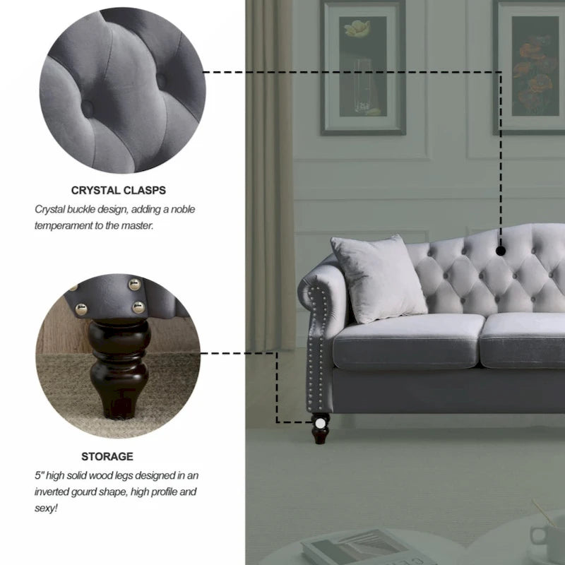 Canapé Chesterfield 79 velours gris pour salon, canapé 3 places touffeté avec accoudoirs roulés et clouté