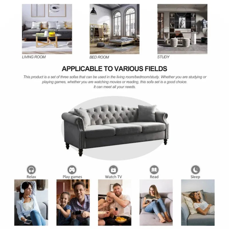 Canapé Chesterfield 79 velours gris pour salon, canapé 3 places touffeté avec accoudoirs roulés et clouté