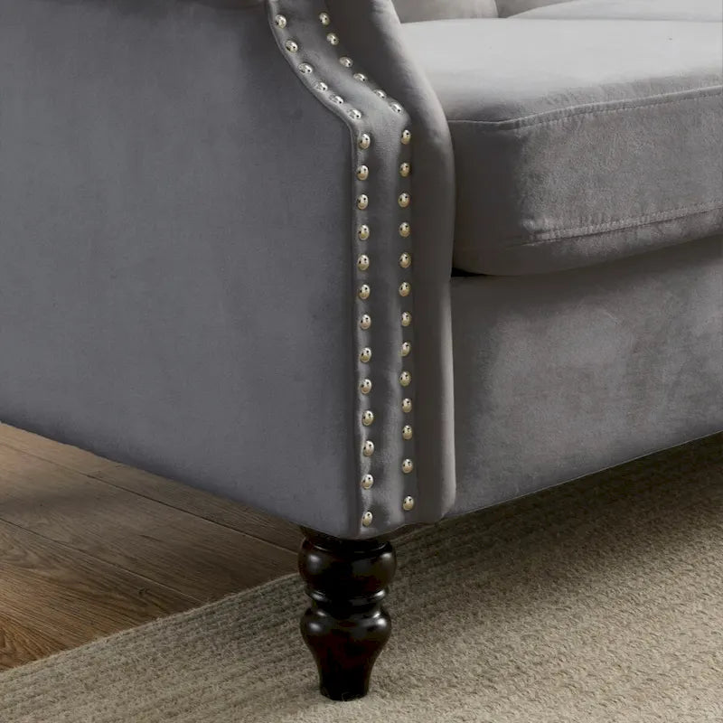 Canapé Chesterfield 79 velours gris pour salon, canapé 3 places touffeté avec accoudoirs roulés et clouté