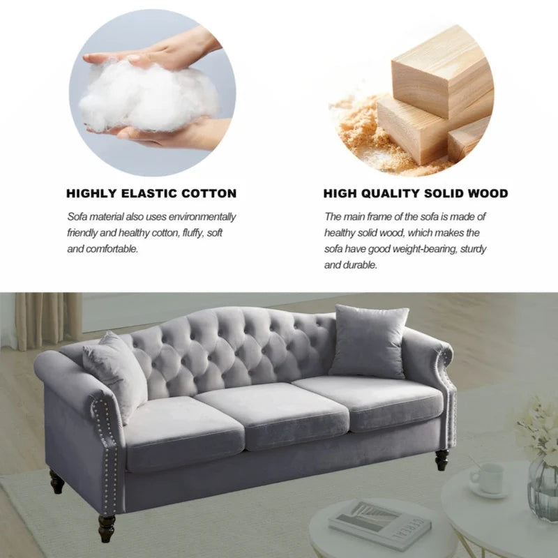 Canapé Chesterfield 79 velours gris pour salon, canapé 3 places touffeté avec accoudoirs roulés et clouté