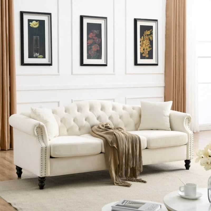 Canapé Chesterfield 79 velours gris pour salon, canapé 3 places touffeté avec accoudoirs roulés et clouté